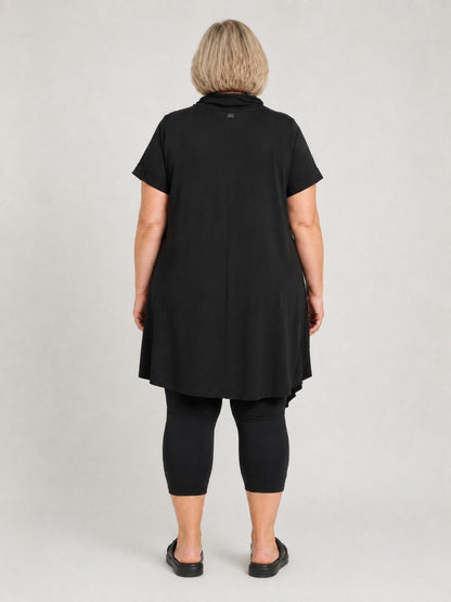 Pont Neuf Long-Tunika Viskose mit Wasserfallkragen A-Linie – Schwarz Gr. M–3XL (42–56)