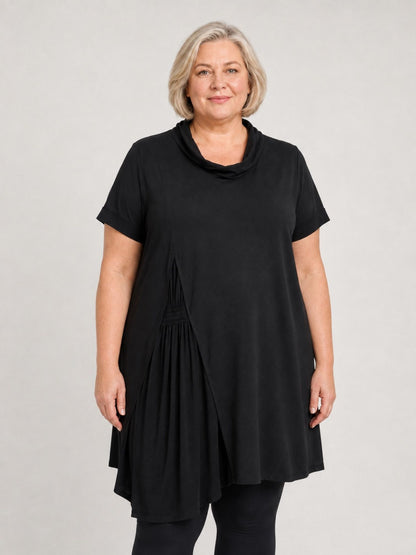 Pont Neuf Long-Tunika Viskose mit Wasserfallkragen A-Linie – Schwarz Gr. M–3XL (42–56)