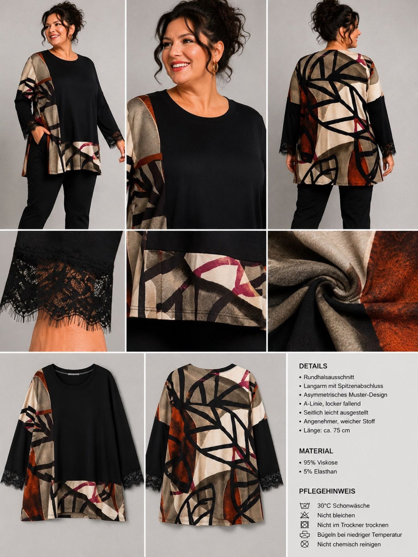 Pont Neuf Shirt Bambus-Viskose mit Grafikdruck und Spitze – Schwarz, Beige & Terracotta Gr. 46–56