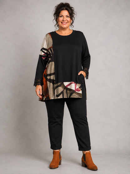 Pont Neuf Shirt Bambus-Viskose mit Grafikdruck und Spitze – Schwarz, Beige & Terracotta Gr. 46–56