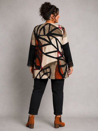Pont Neuf Shirt Bambus-Viskose mit Grafikdruck und Spitze – Schwarz, Beige & Terracotta Gr. 46–56