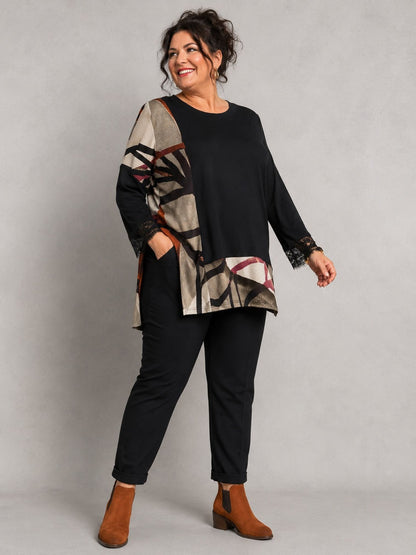 Pont Neuf Shirt Bambus-Viskose mit Grafikdruck und Spitze – Schwarz, Beige & Terracotta Gr. 46–56
