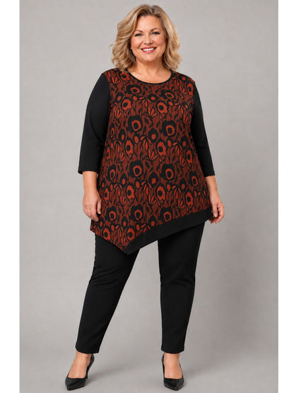 Pont Neuf Shirt Blumendruck Zipfelsaum 3/4-Arm – Terracotta/Schwarz Gr. L–4XL (46–58)