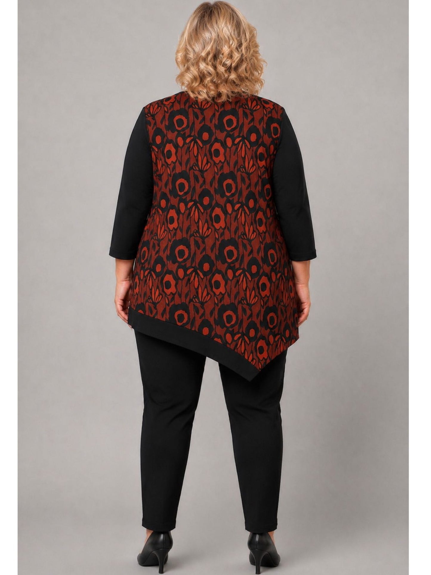 Pont Neuf Shirt Blumendruck Zipfelsaum 3/4-Arm – Terracotta/Schwarz Gr. L–4XL (46–58)