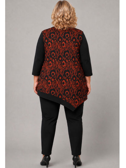 Pont Neuf Shirt Blumendruck Zipfelsaum 3/4-Arm – Terracotta/Schwarz Gr. L–4XL (46–58)