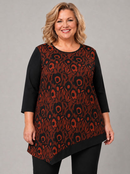 Pont Neuf Shirt Blumendruck Zipfelsaum 3/4-Arm – Terracotta/Schwarz Gr. L–4XL (46–58)