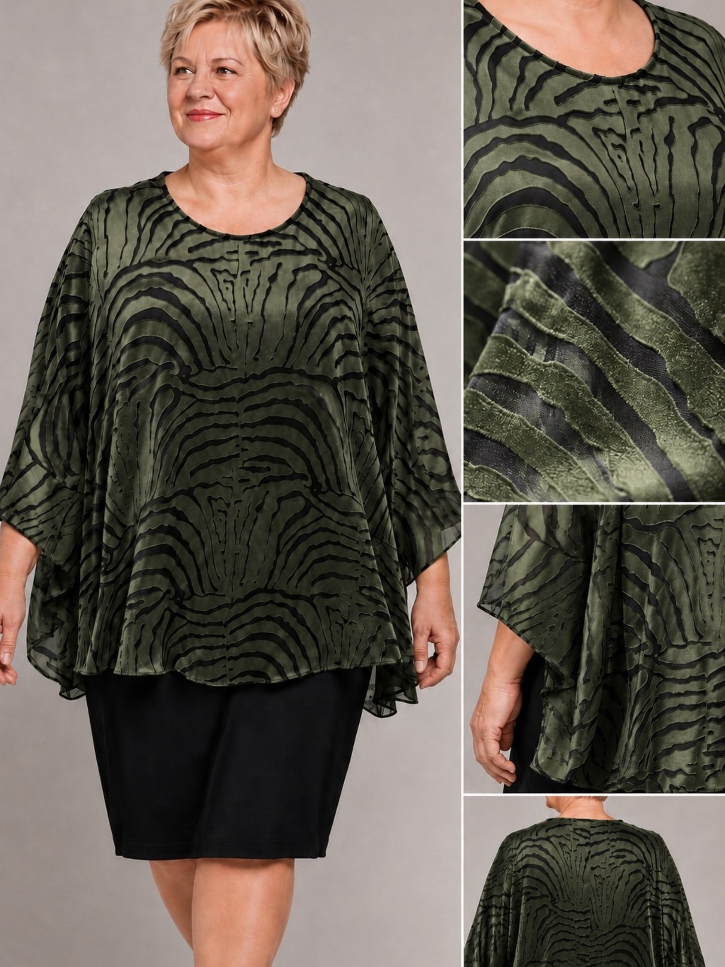 Sempre Piu festliches Etuikleid mit Chiffon-Überwurf – Khaki/Schwarz Gr. 44–60
