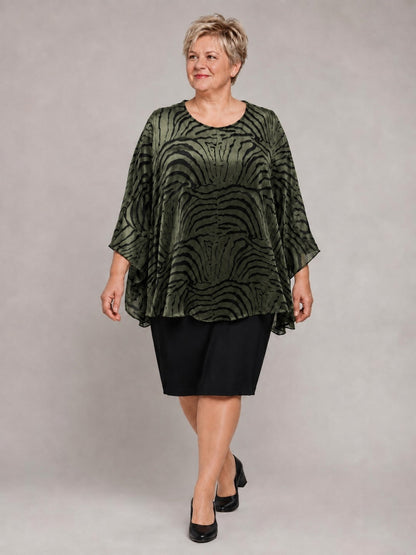 Sempre Piu festliches Etuikleid mit Chiffon-Überwurf – Khaki/Schwarz Gr. 44–60