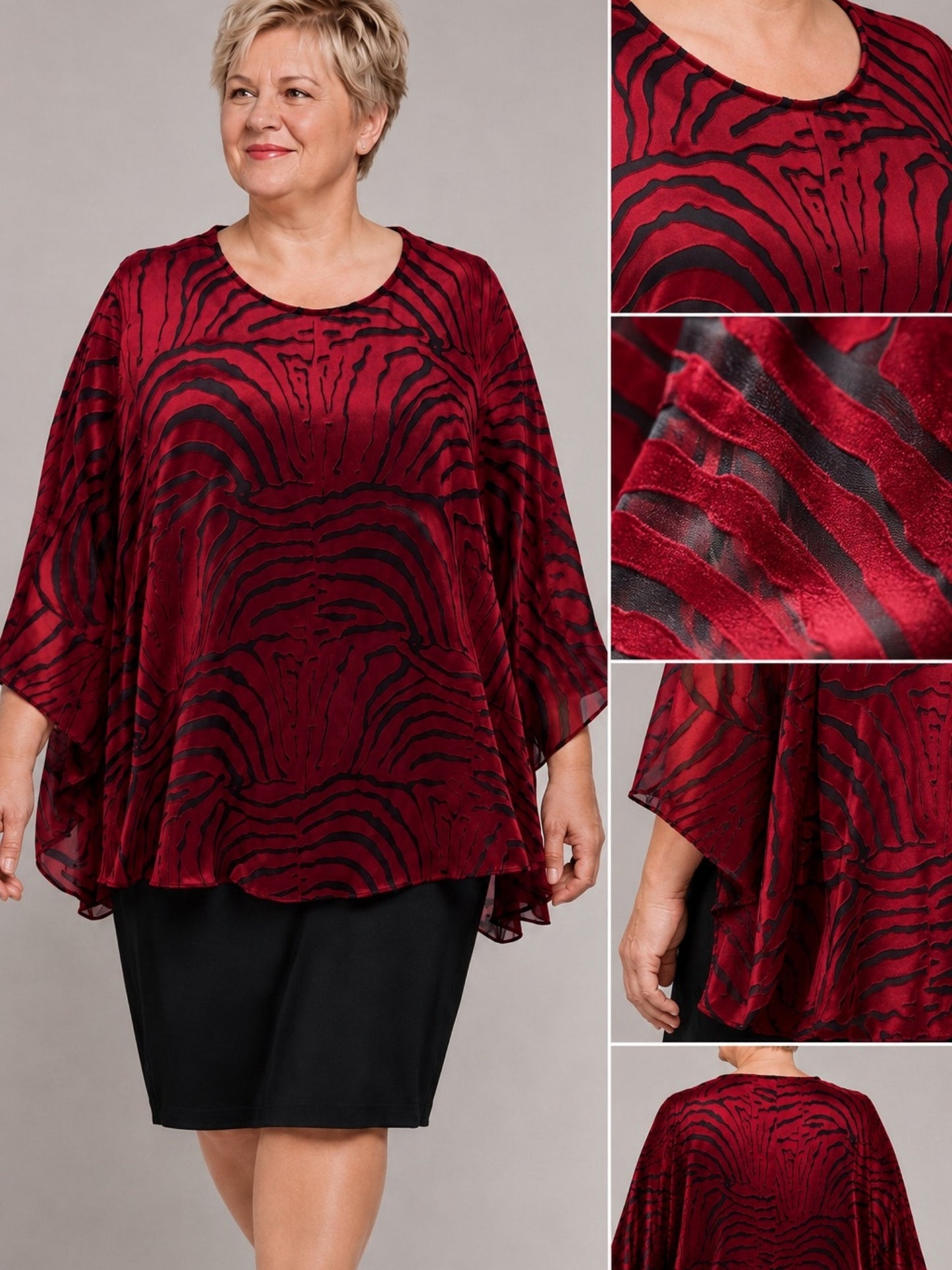 Sempre Piu festliches Etuikleid mit Chiffon-Überwurf – Rot/Schwarz Gr. 44–60