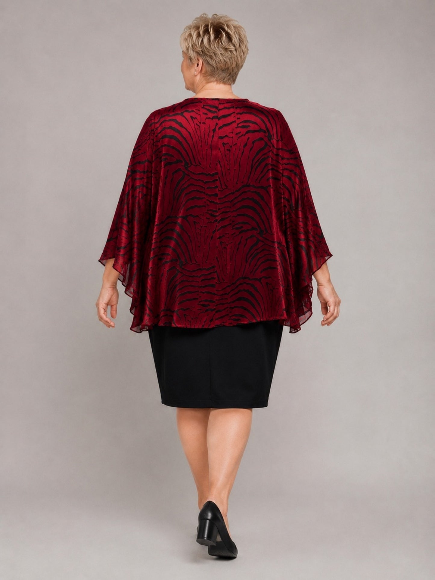 Sempre Piu festliches Etuikleid mit Chiffon-Überwurf – Rot/Schwarz Gr. 44–60
