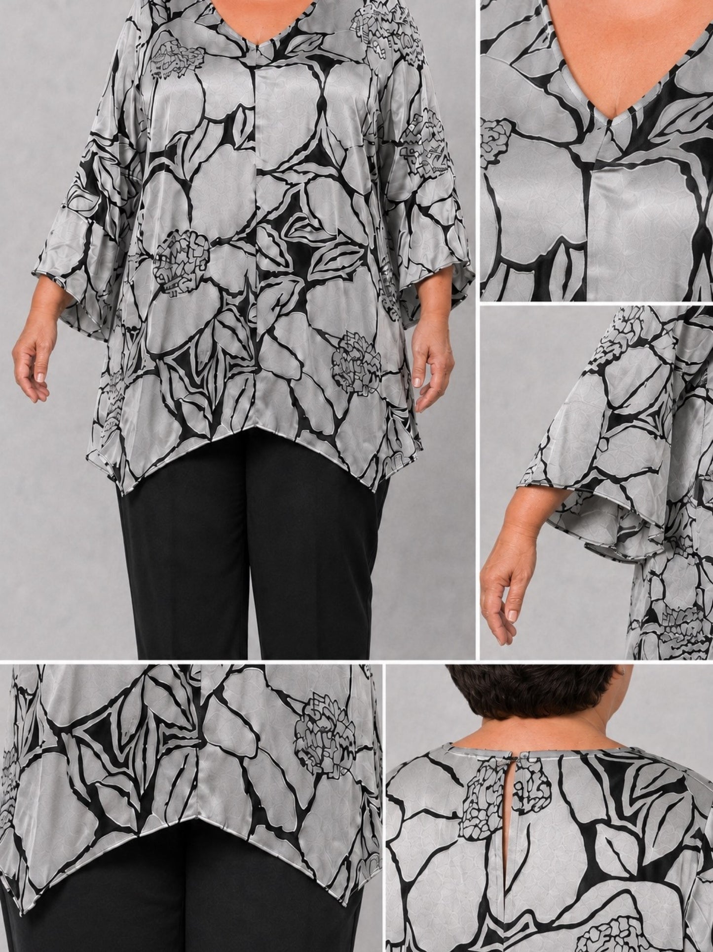Sempre Piu Tunika Ausbrenner-Satin Blumen A-Linie – Silber/Schwarz Gr. 48–60