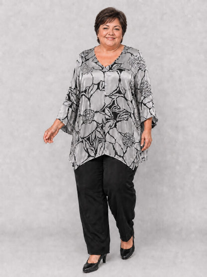 Sempre Piu Tunika Ausbrenner-Satin Blumen A-Linie – Silber/Schwarz Gr. 48–60