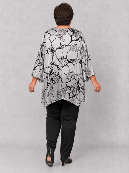 Sempre Piu Tunika Ausbrenner-Satin Blumen A-Linie – Silber/Schwarz Gr. 48–60
