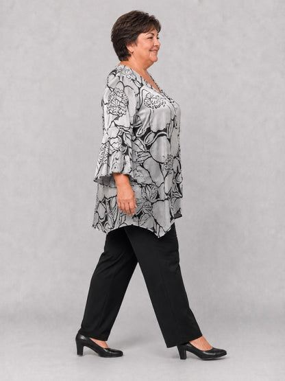 Sempre Piu Tunika Ausbrenner-Satin Blumen A-Linie – Silber/Schwarz Gr. 48–60