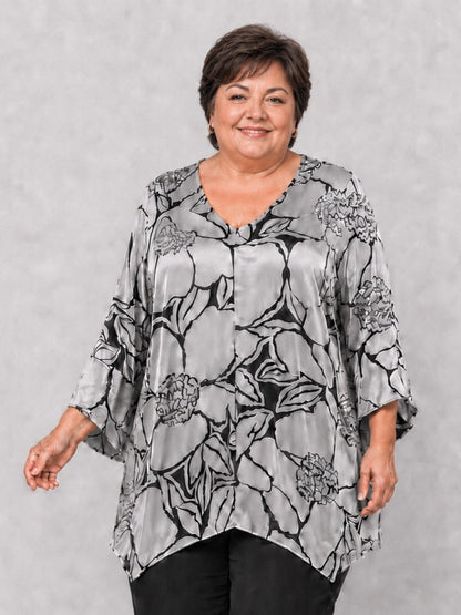 Sempre Piu Tunika Ausbrenner-Satin Blumen A-Linie – Silber/Schwarz Gr. 48–60