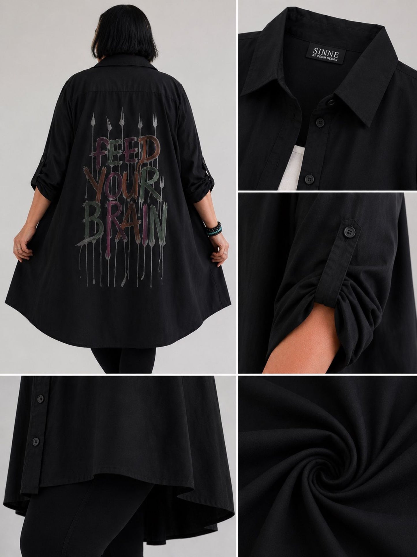 Sinne by Coom Lange Bluse A-Linie mit Rückenprint – Schwarz & Weiß Gr. 1–4 (EU 40–56)