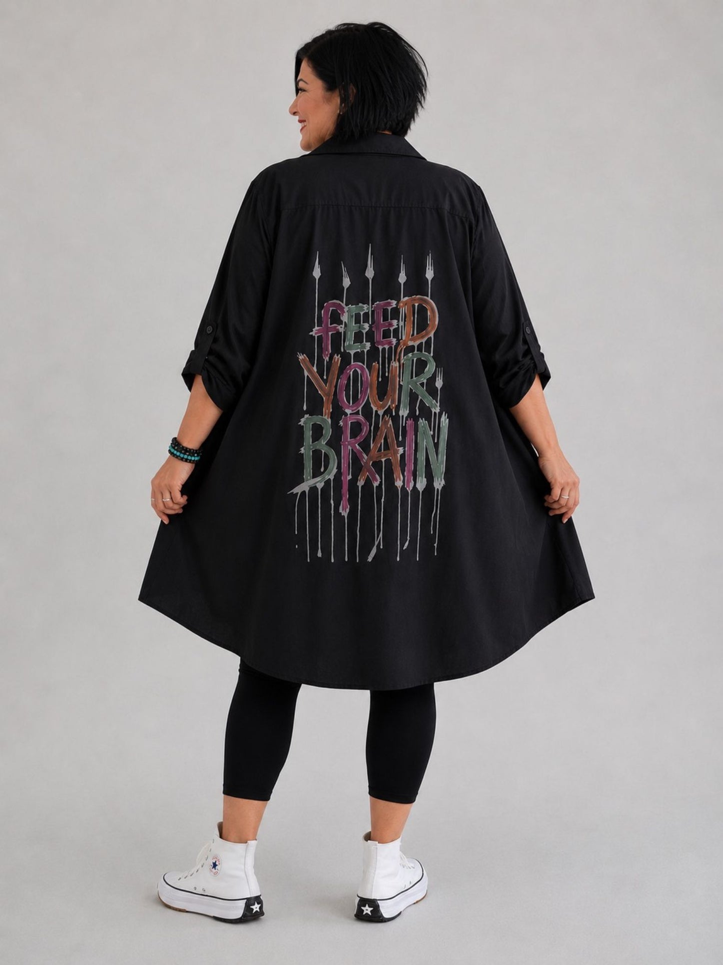 Sinne by Coom Lange Bluse A-Linie mit Rückenprint – Schwarz & Weiß Gr. 1–4 (EU 40–56)