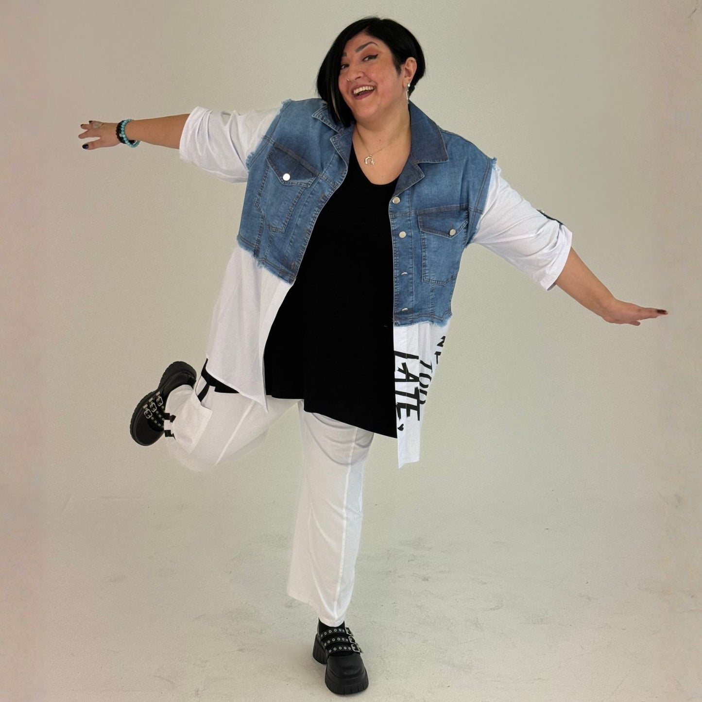 Sinne Blusenjacke mit Jeans-Optik Print Weiß Blau