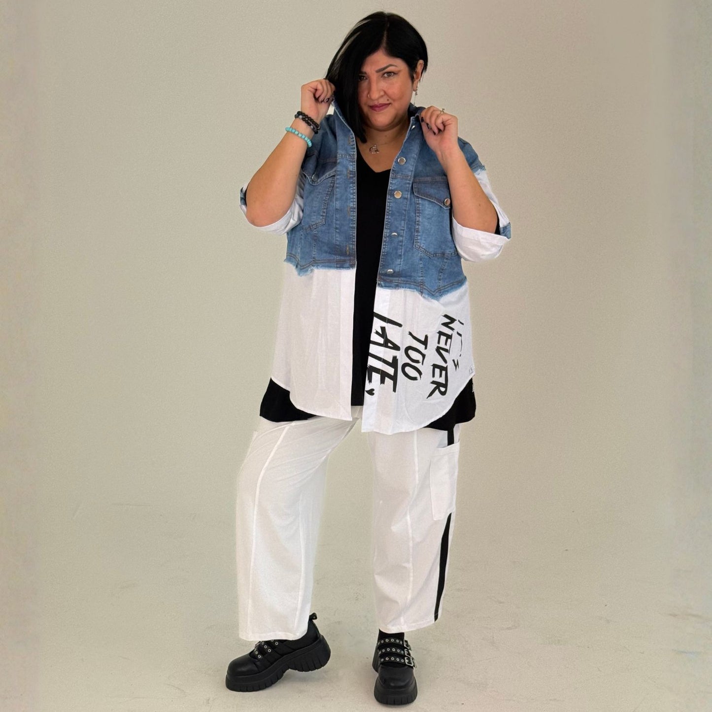 Sinne Blusenjacke mit Jeans-Optik Print Weiß Blau