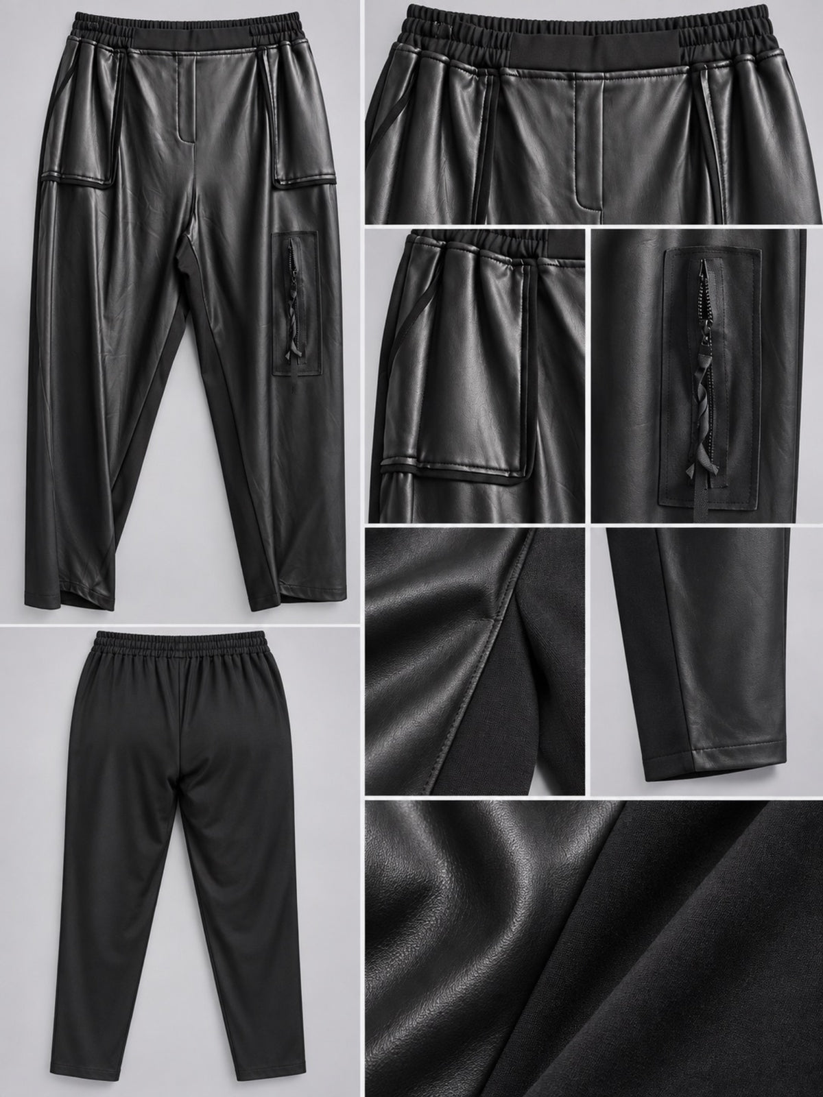 Klappentaschen, Ziernähte und Reißverschlusstasche der schwarzen Kunstlederhose, Detailansicht