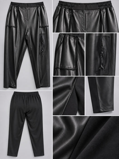 Klappentaschen, Ziernähte und Reißverschlusstasche der schwarzen Kunstlederhose, Detailansicht