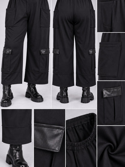 Kunstlederklappe an der Beintasche der schwarzen Cargohose, Detailansicht