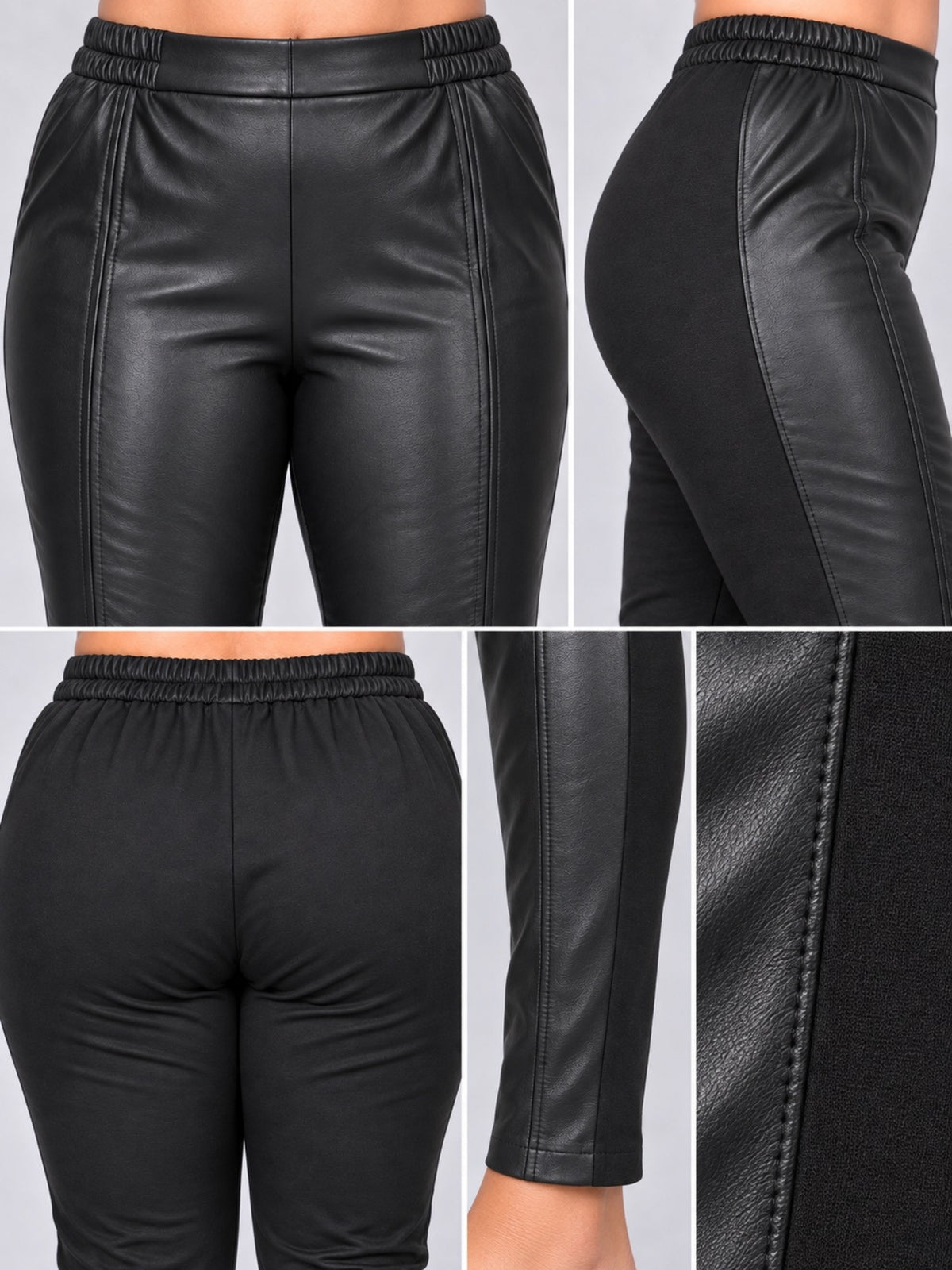 Übergang von Kunstleder zu Jersey und der geraffte Bund der schwarzen Leggings, Detailansicht