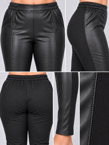 Übergang von Kunstleder zu Jersey und der geraffte Bund der schwarzen Leggings, Detailansicht