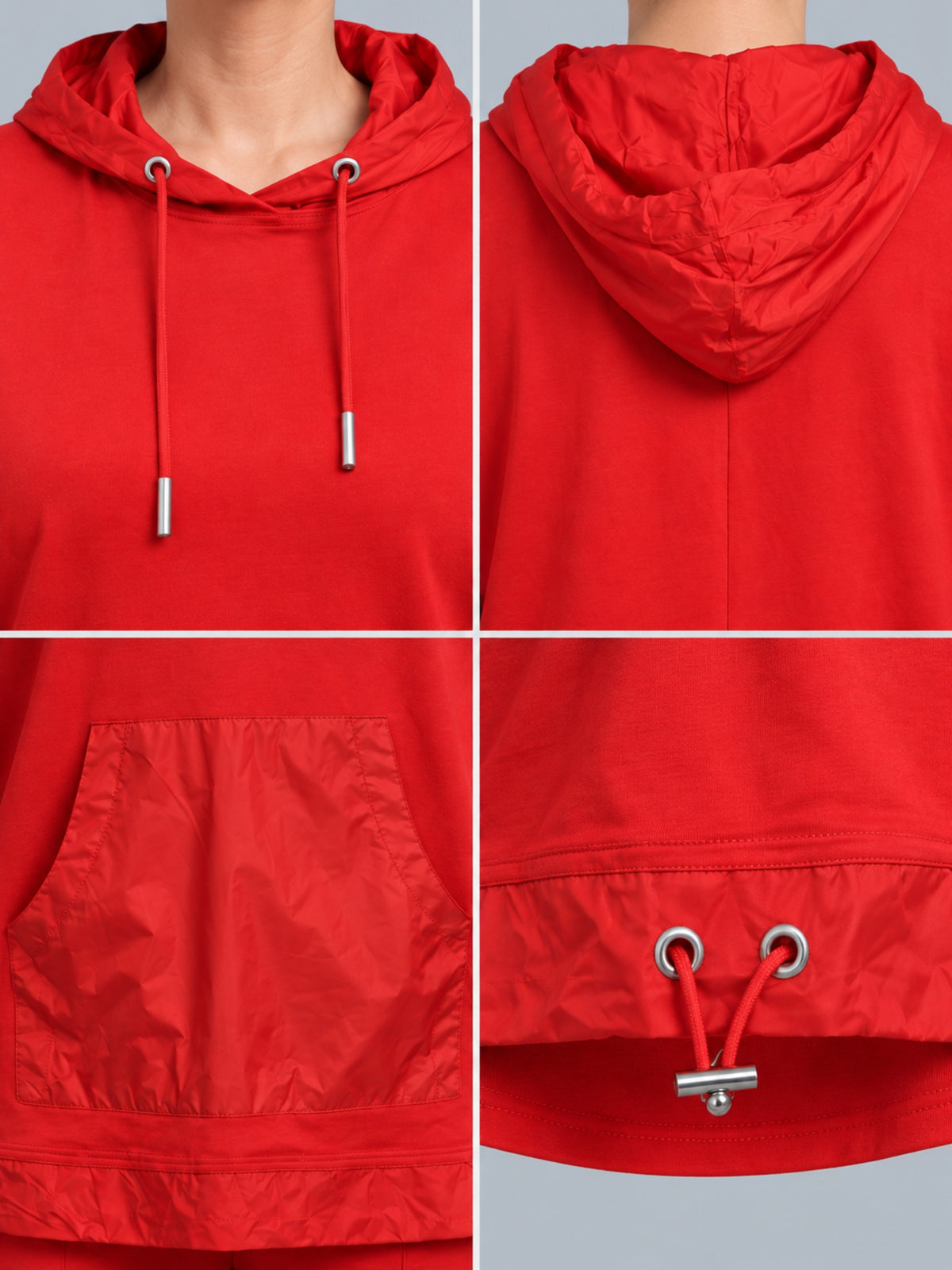 Kapuze, Kängurutasche und Tunnelzug mit Metallösen am roten Shirt, Detailansicht