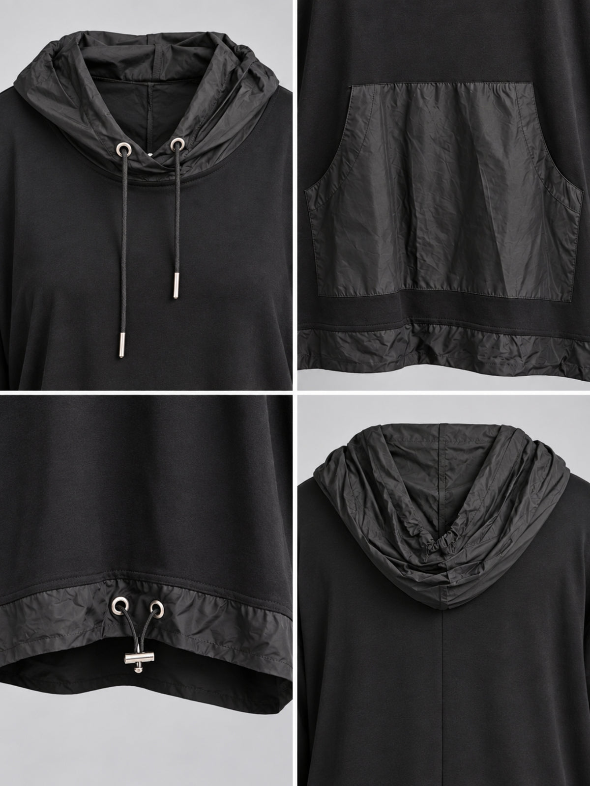 Kapuze, Kängurutasche und Tunnelzug mit Metallösen am schwarzen Shirt, Detailansicht