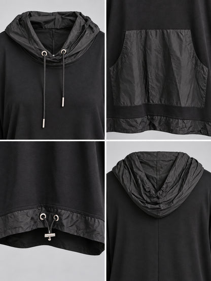 Kapuze, Kängurutasche und Tunnelzug mit Metallösen am schwarzen Shirt, Detailansicht