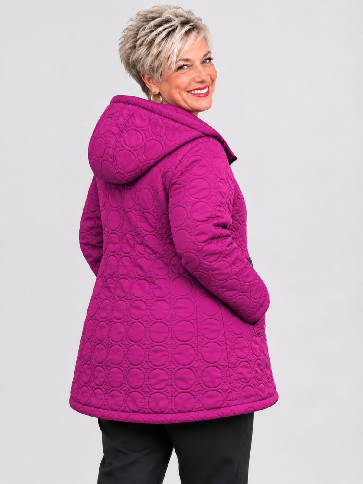 Sinne by Coom Design Steppjacke mit Kapuze leicht wattiert A-Linie – Fuchsia/Kiwi/Lila/Schwarz Gr. 44–54