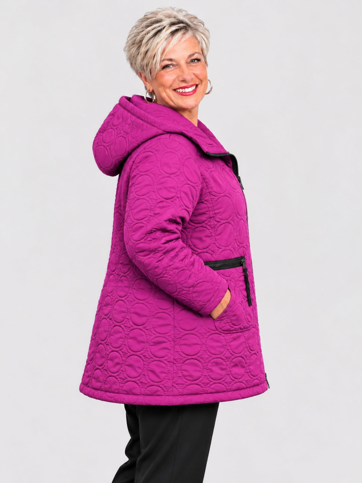 Sinne by Coom Design Steppjacke mit Kapuze leicht wattiert A-Linie – Fuchsia/Kiwi/Lila/Schwarz Gr. 44–54