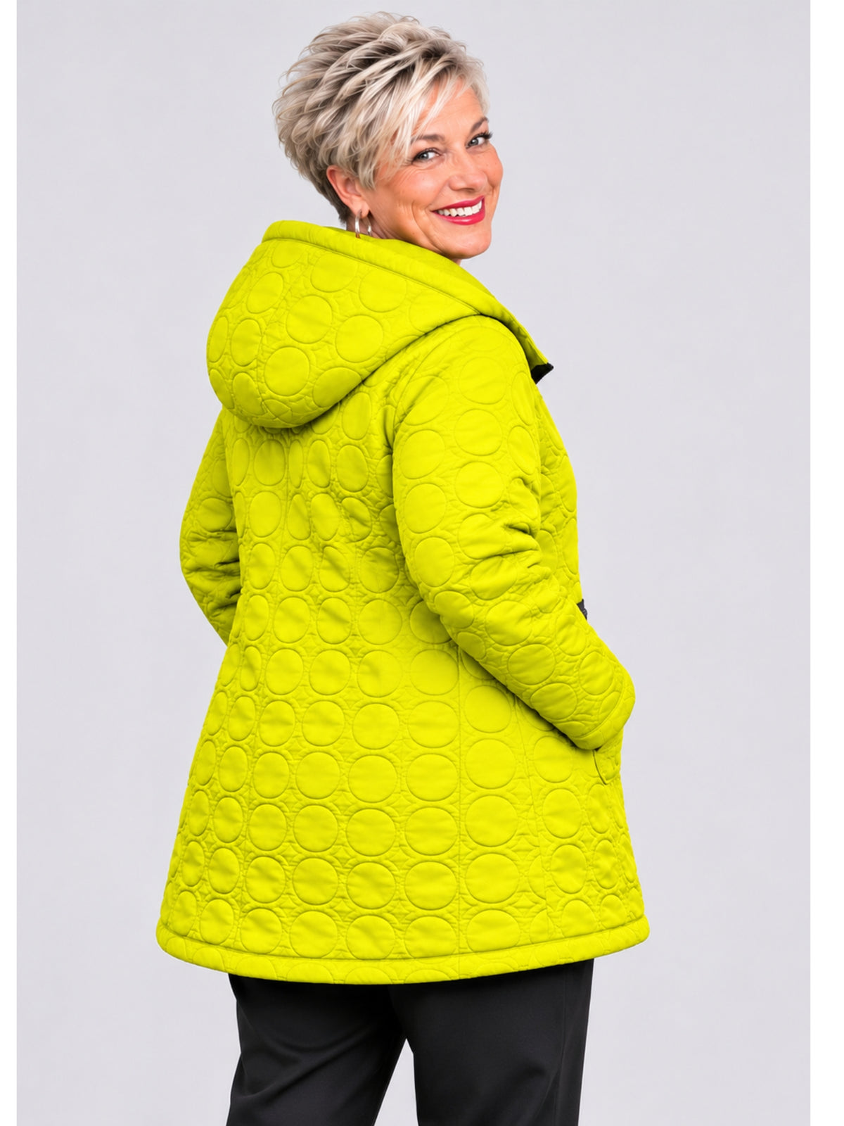 Sinne by Coom Design Steppjacke mit Kapuze leicht wattiert A-Linie – Fuchsia/Kiwi/Lila/Schwarz Gr. 44–54
