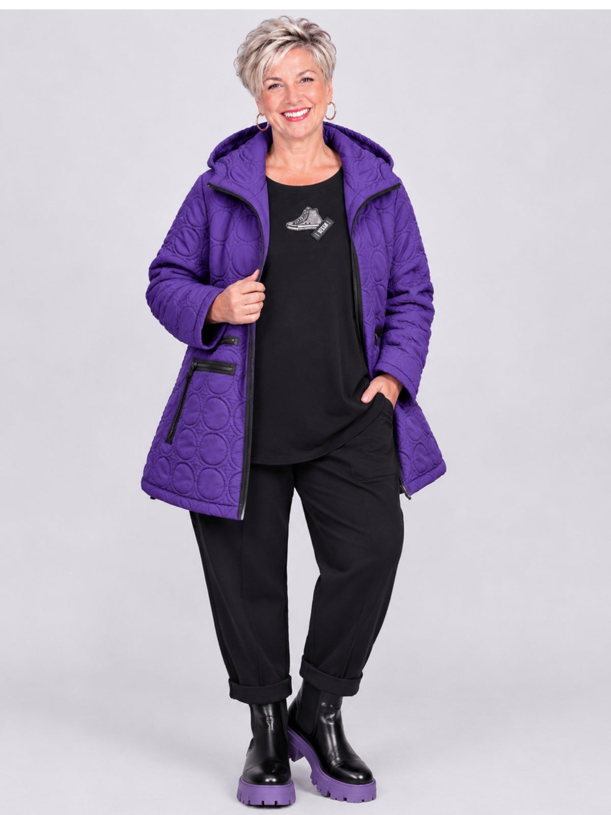 Sinne by Coom Design Steppjacke mit Kapuze leicht wattiert A-Linie – Fuchsia/Kiwi/Lila/Schwarz Gr. 44–54