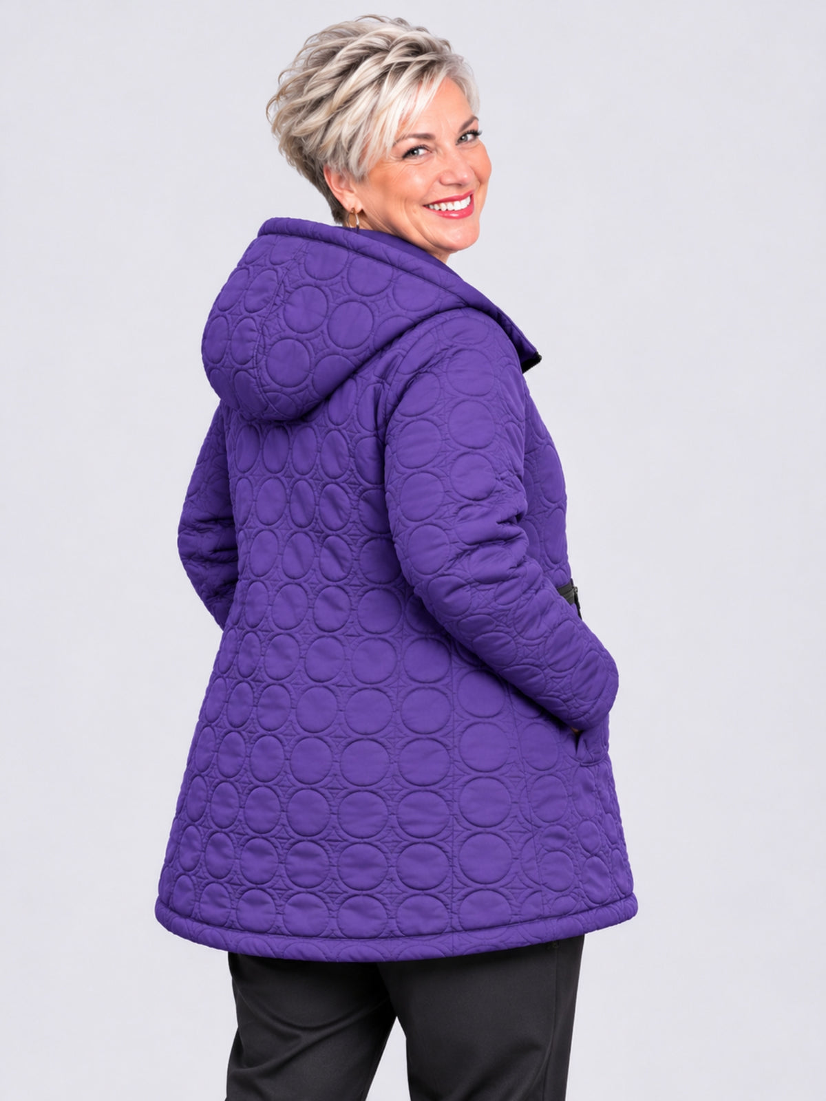 Sinne by Coom Design Steppjacke mit Kapuze leicht wattiert A-Linie – Fuchsia/Kiwi/Lila/Schwarz Gr. 44–54