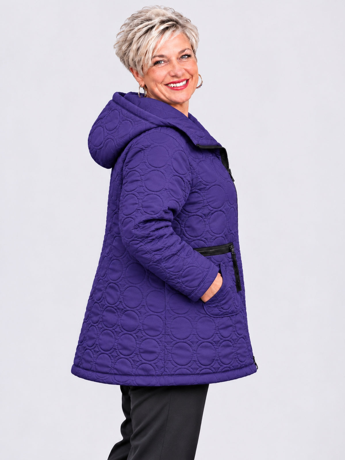 Sinne by Coom Design Steppjacke mit Kapuze leicht wattiert A-Linie – Fuchsia/Kiwi/Lila/Schwarz Gr. 44–54