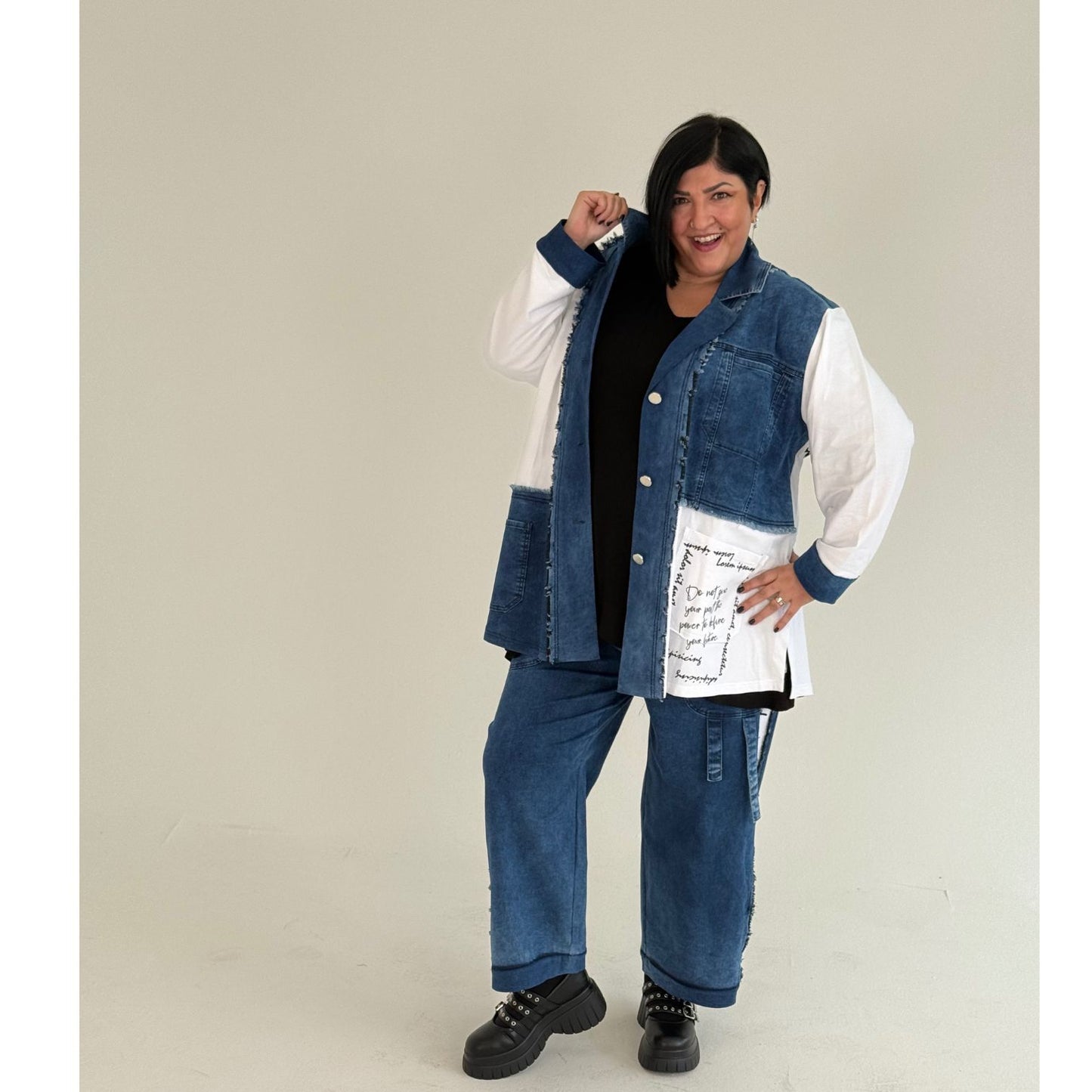 Sinne by Coom Jeansjacke Blazerstyle Weiß Schwarz große Größen – Nickis XXL Fashion – Ansicht 3