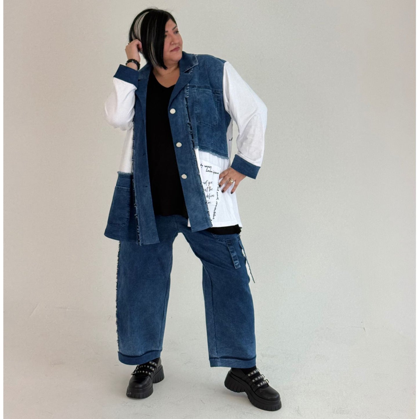 Sinne by Coom Jeansjacke Blazerstyle Weiß Schwarz große Größen – Nickis XXL Fashion – Ansicht 4