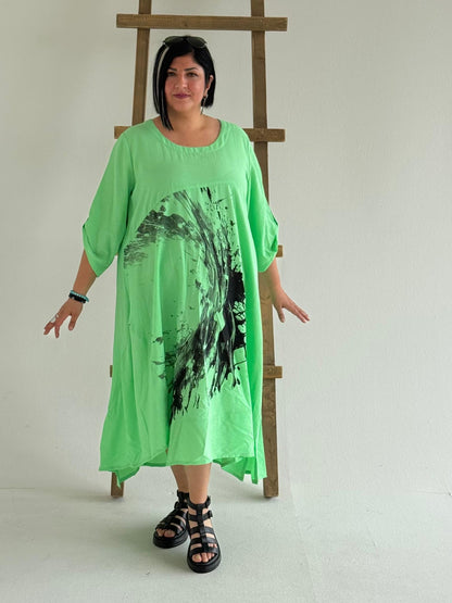 Sinne by Coom Kleid – Splash-Print – in Schwarz, Pink und Hellgrün erhältlich