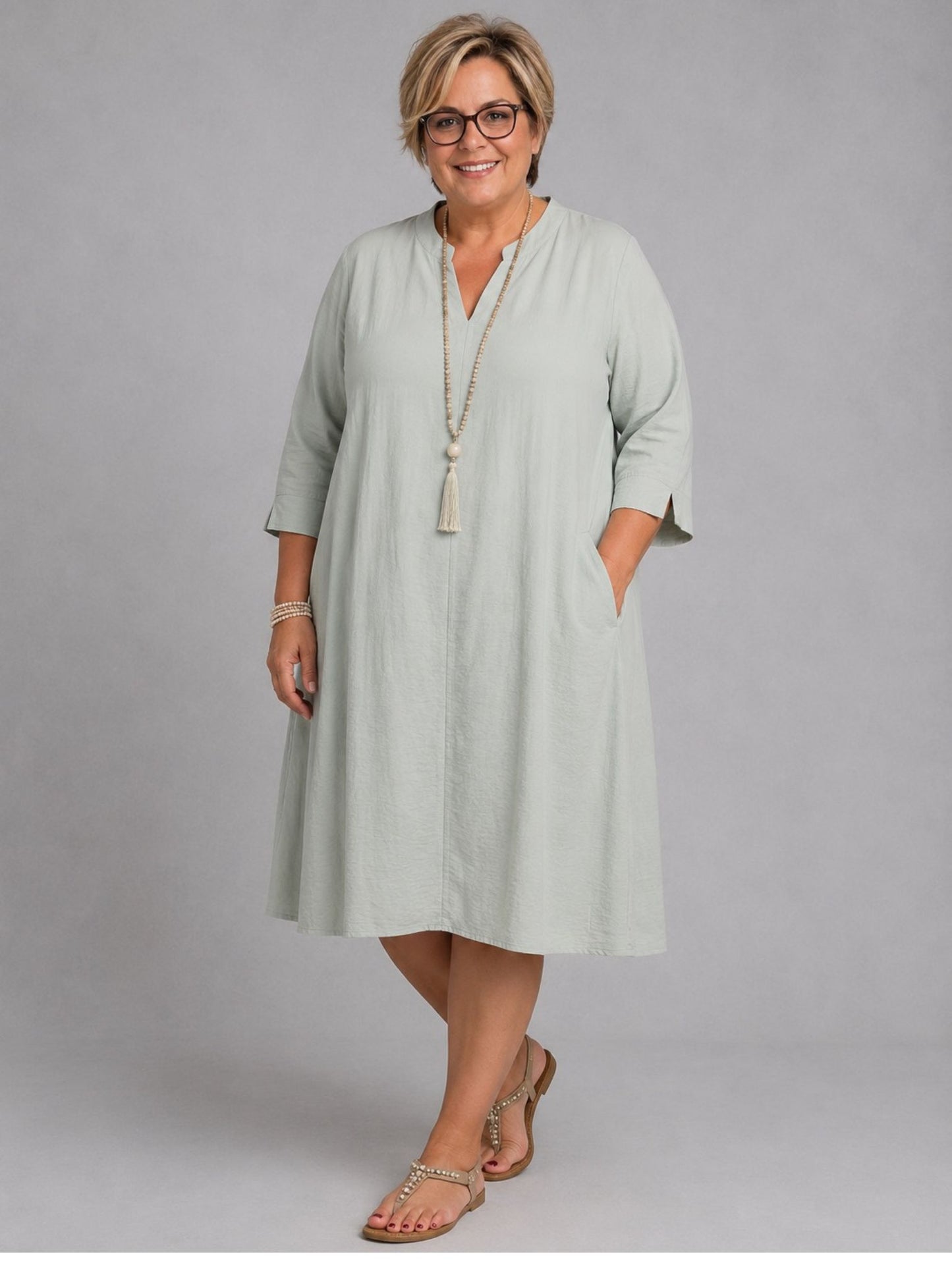 Sinne by Coom Midi-Kleid Tencel 3/4-Arm – Schwarz, Helltaupe & Mint Gr. 1–3 (EU 40–50)