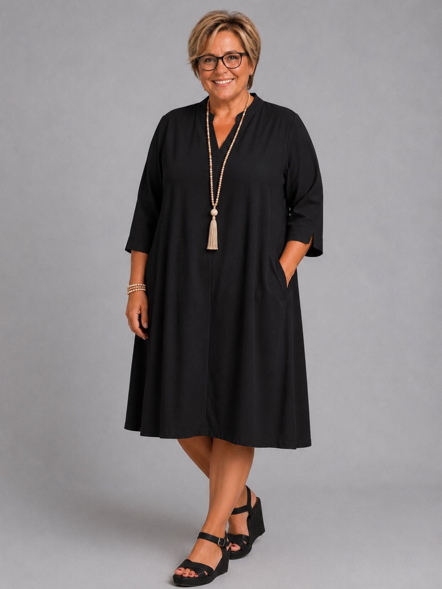 Sinne by Coom Midi-Kleid Tencel 3/4-Arm – Schwarz, Helltaupe & Mint Gr. 1–3 (EU 40–50)