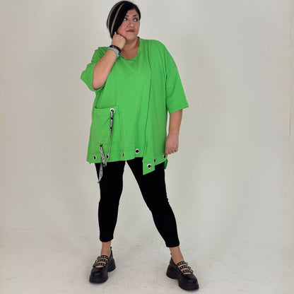 Sinne Oversize Shirt Lochösen Bänder Tasche Koralle Grün Schwarz