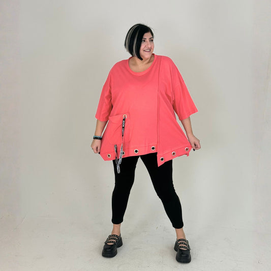 Sinne Oversize Shirt Lochösen Bänder Tasche Koralle Grün Schwarz