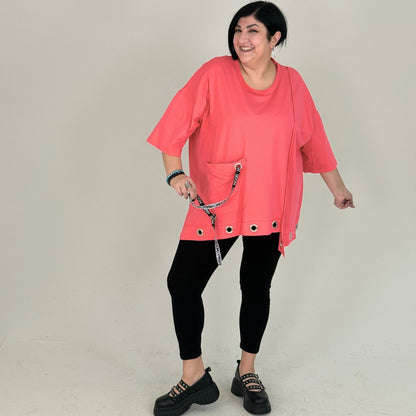 Sinne Oversize Shirt Lochösen Bänder Tasche Koralle Grün Schwarz