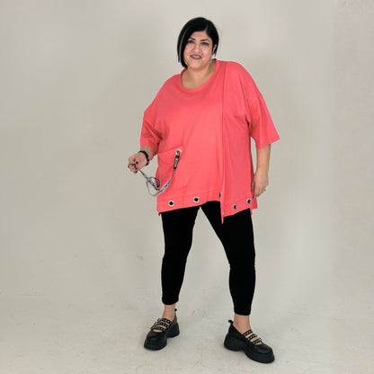 Sinne Oversize Shirt Lochösen Bänder Tasche Koralle Grün Schwarz