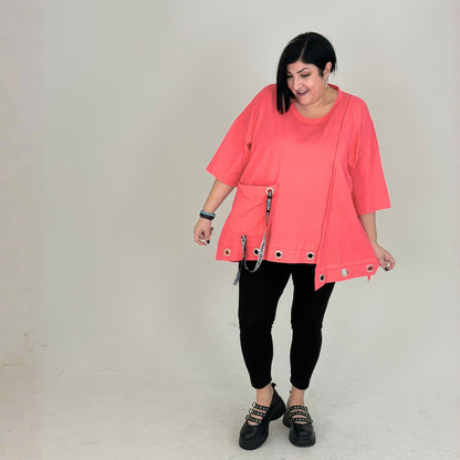 Sinne Oversize Shirt Lochösen Bänder Tasche Koralle Grün Schwarz