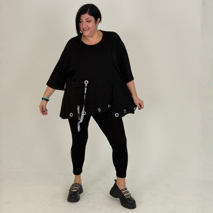 Sinne Oversize Shirt Lochösen Bänder Tasche Koralle Grün Schwarz