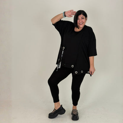 Sinne Oversize Shirt Lochösen Bänder Tasche Koralle Grün Schwarz