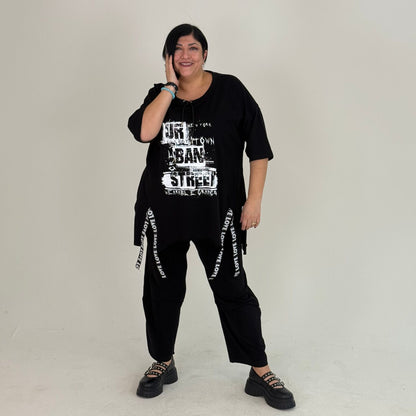 Sinne by Coom Oversize Shirt Urban Print Kordel-Ausschnitt Schwarz Weiß